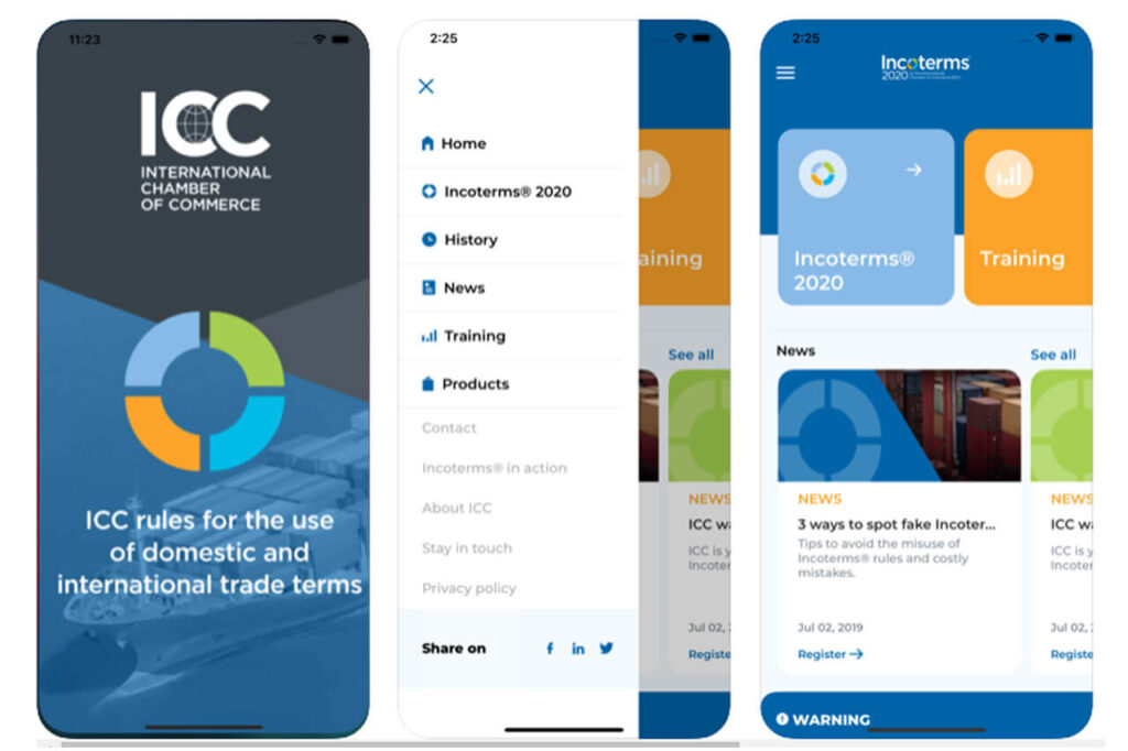 screenshots of the incoterms app for android and iphone