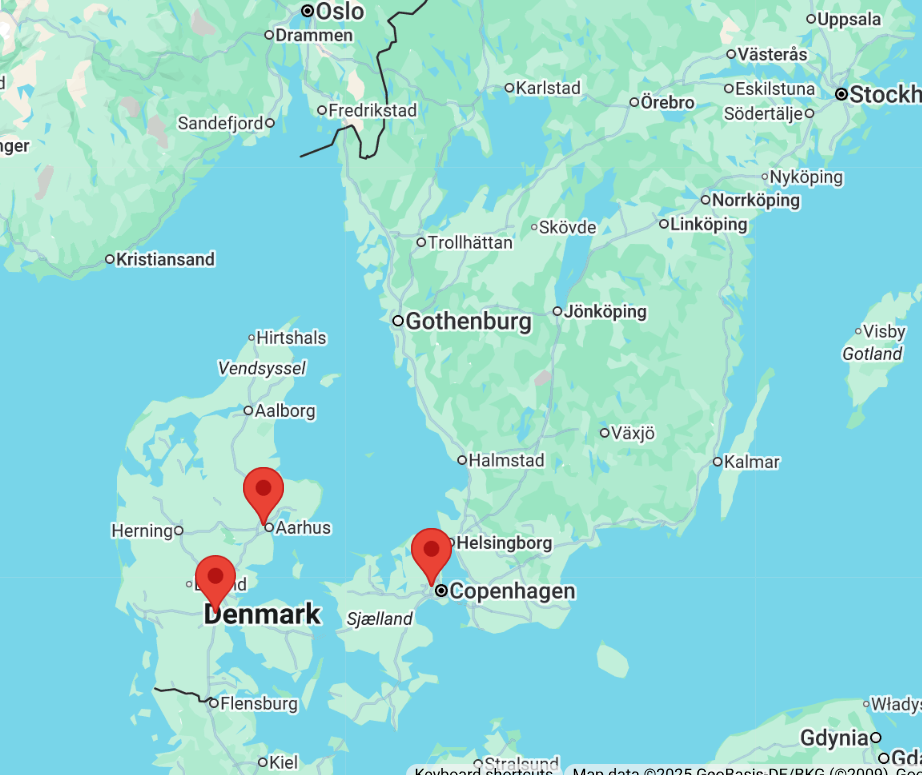 map with 3 logistical hubs in denmark