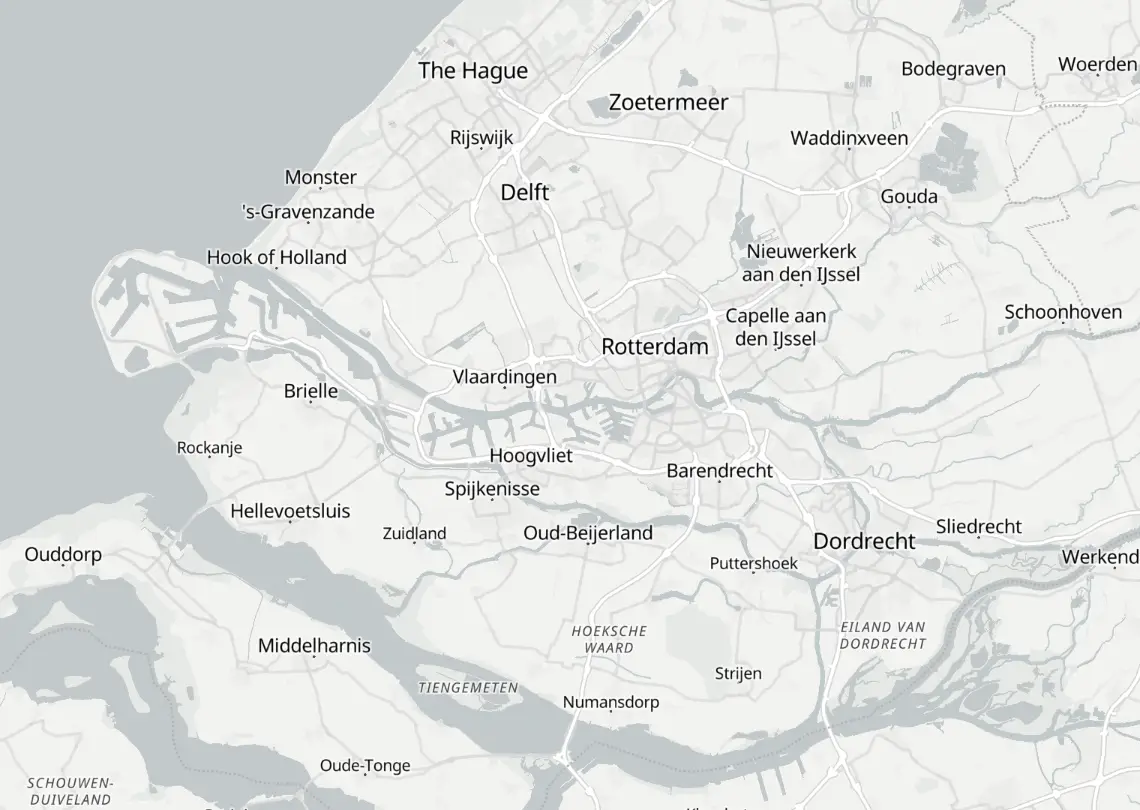 Map of the Rotterdam region with the logistics providers and warehouse locations within 30 km